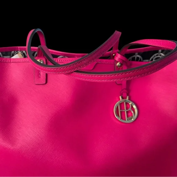 Henri Bendel Hot Pink Saffiano Leather Tote Bag Gold Hardware Large Shopper - Picture 3 of 16
